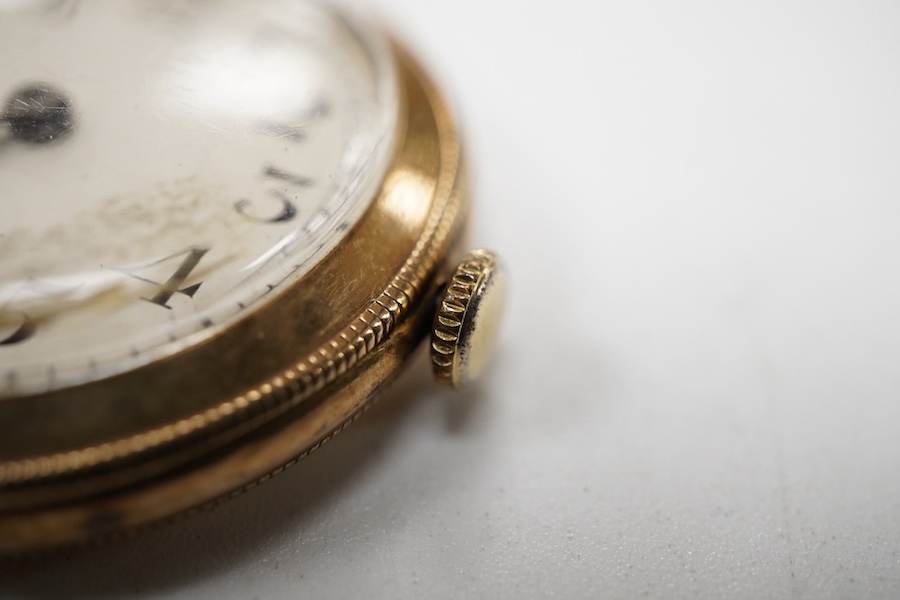 A gentleman's mid 1920's 9ct gold manual wind wrist watch, with Arabic dial, case diameter 30mm, no strap.